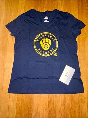Milwaukee Brewers Navy Graphic Tee with Yellow Logo W L NWOT